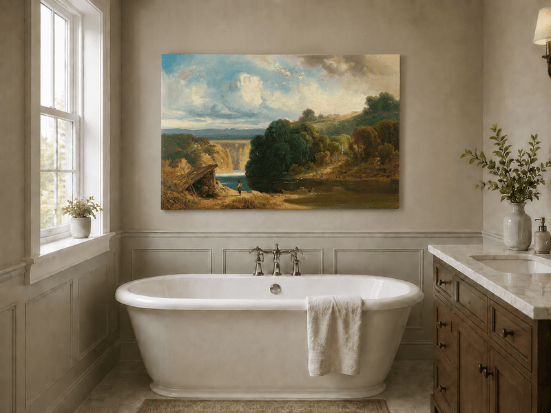 Landscape Oil Painting - Lakeside Cottage and Distant Falls View