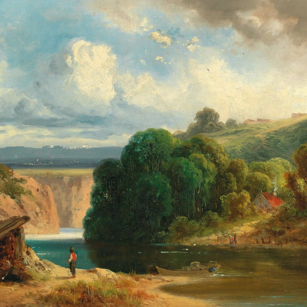 Hand-painted lakeside cottage and distant falls view landscape oil painting on canvas