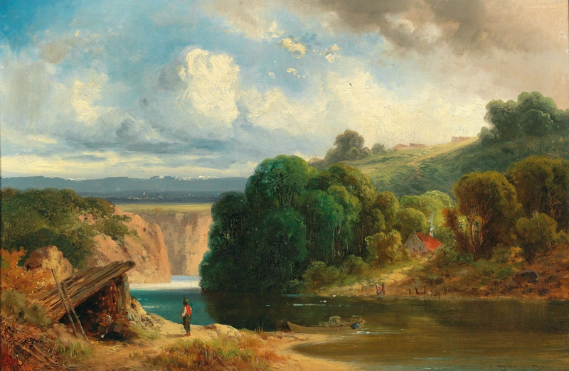 Hand-painted lakeside cottage and distant falls view landscape oil painting on canvas