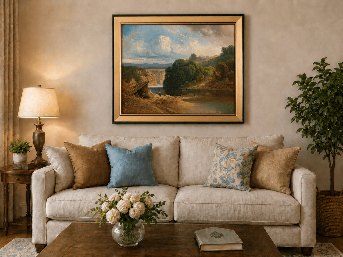 Landscape Oil Painting - Lakeside Cottage and Distant Falls View