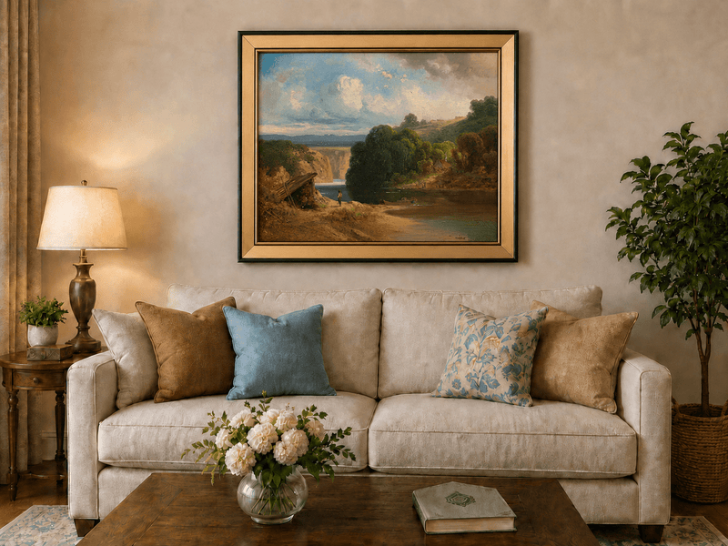 Landscape Oil Painting - Lakeside Cottage and Distant Falls View