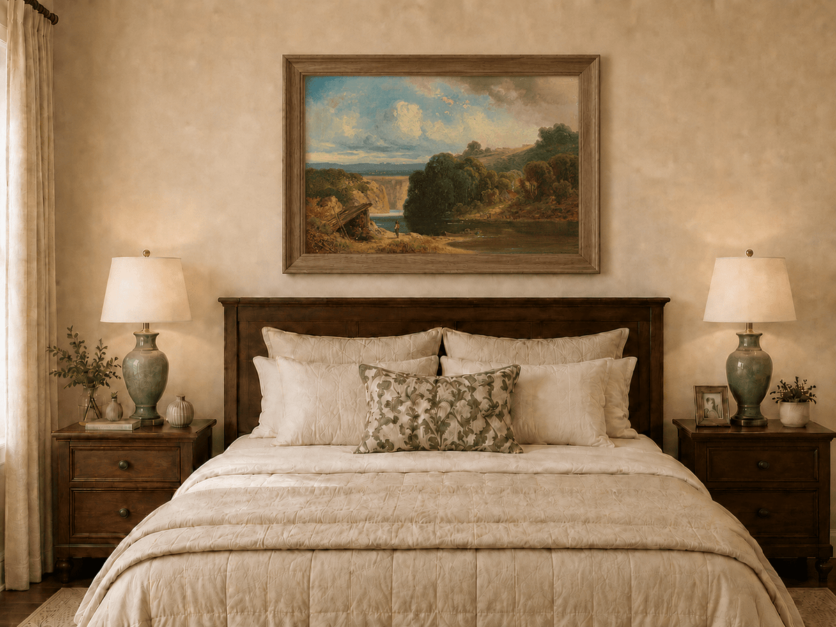 Landscape Oil Painting - Lakeside Cottage and Distant Falls View