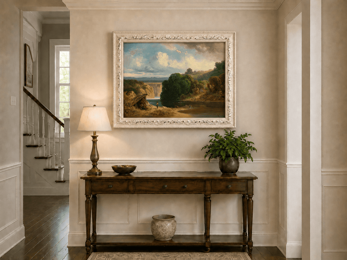 Landscape Oil Painting - Lakeside Cottage and Distant Falls View