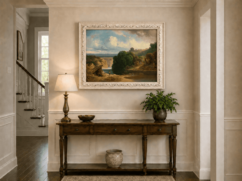 Landscape Oil Painting - Lakeside Cottage and Distant Falls View