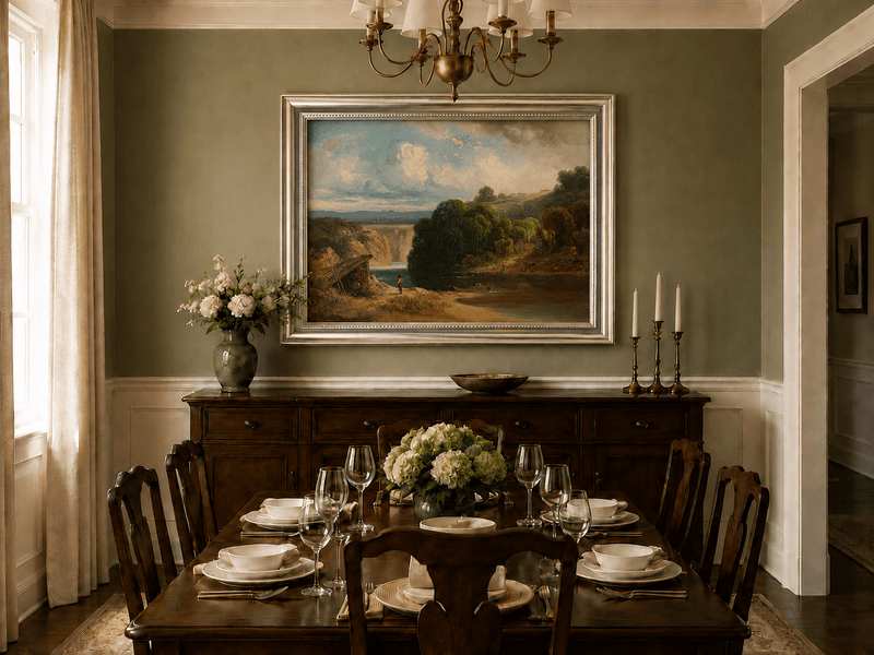 Landscape Oil Painting - Lakeside Cottage and Distant Falls View
