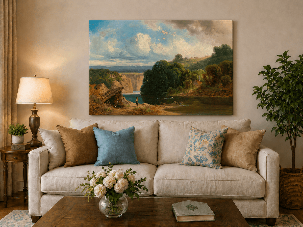 Landscape Oil Painting - Lakeside Cottage and Distant Falls View