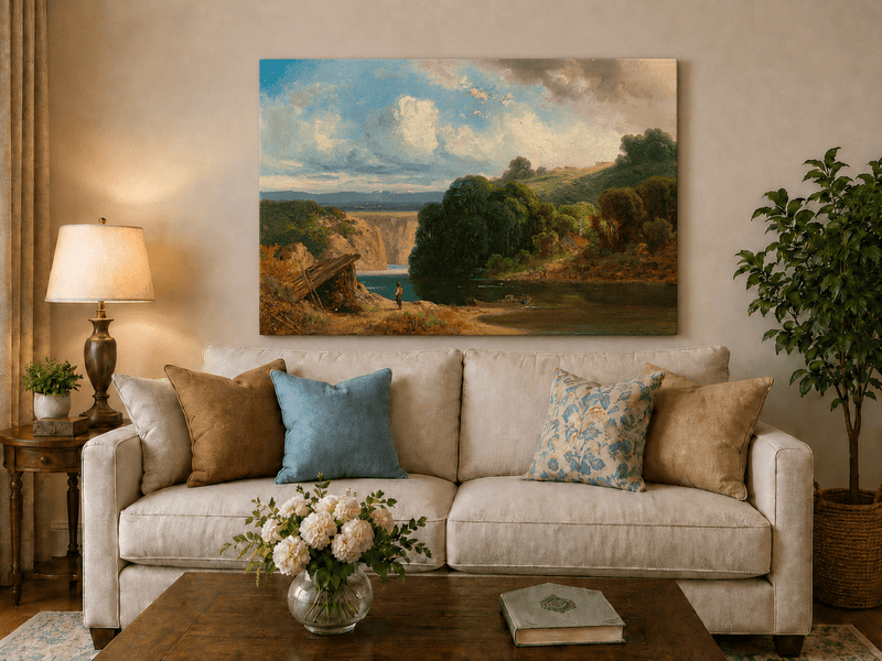 Landscape Oil Painting - Lakeside Cottage and Distant Falls View
