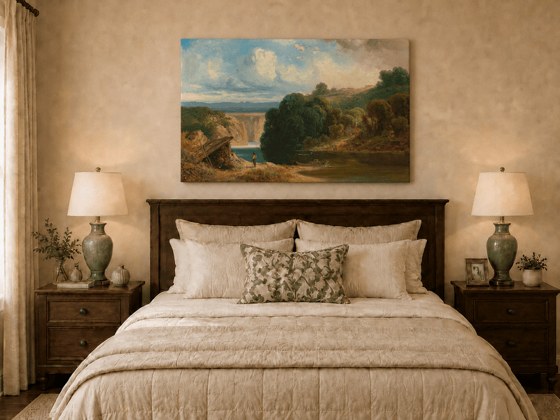 Landscape Oil Painting - Lakeside Cottage and Distant Falls View