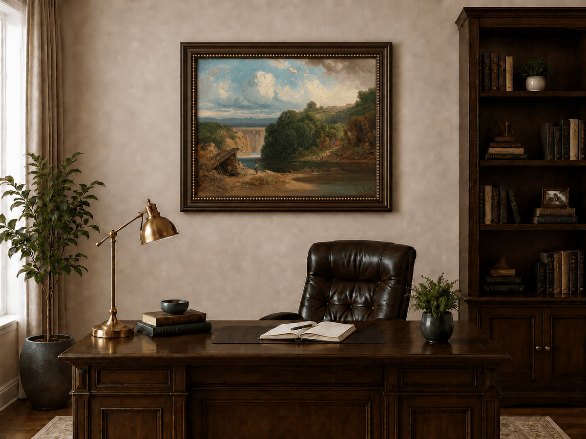 Landscape Oil Painting - Lakeside Cottage and Distant Falls View