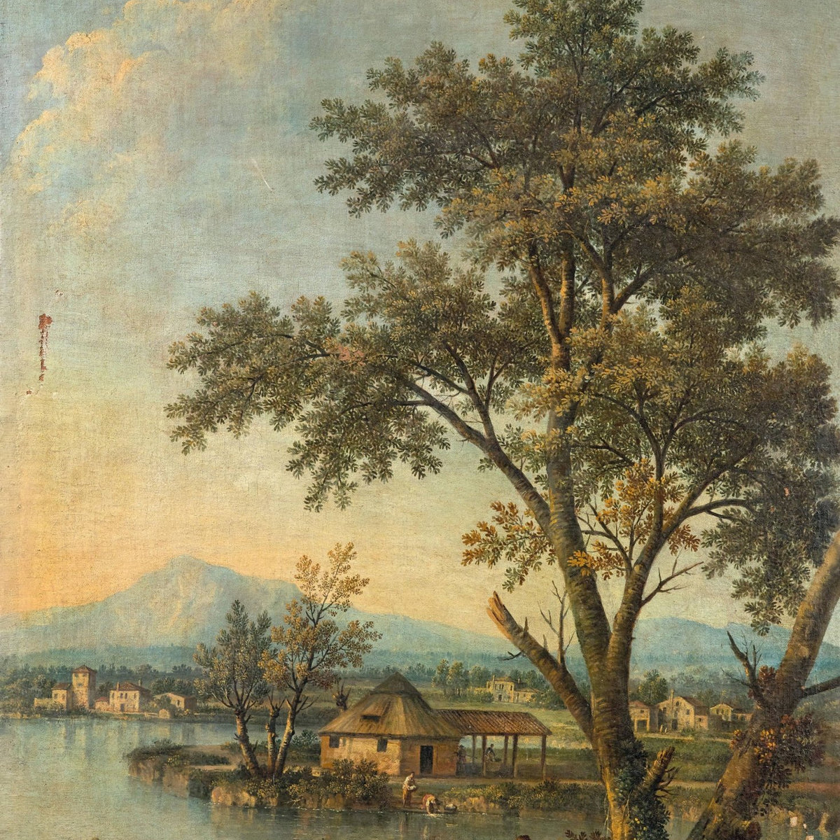 Hand-painted lakeside cottage with mountain view landscape oil painting on canvas