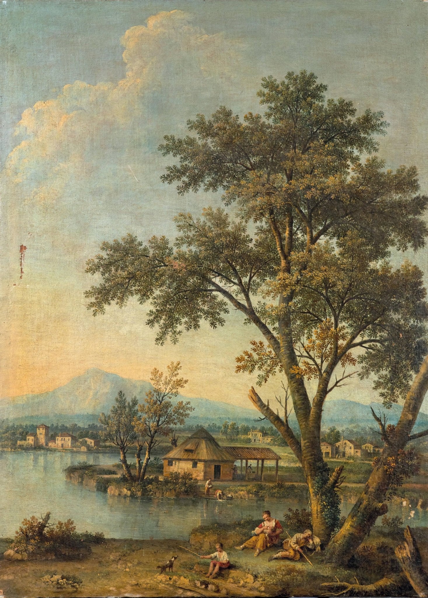 Hand-painted lakeside cottage with mountain view landscape oil painting on canvas