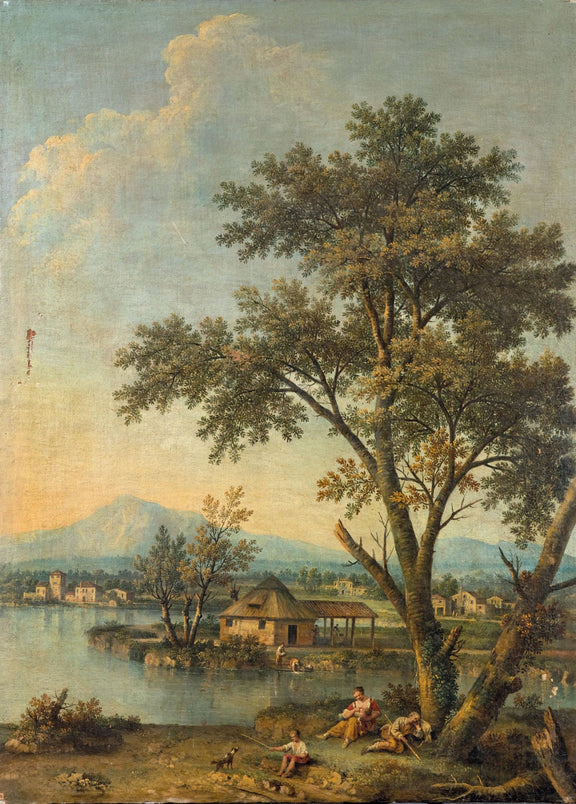 Hand-painted lakeside cottage with mountain view landscape oil painting on canvas