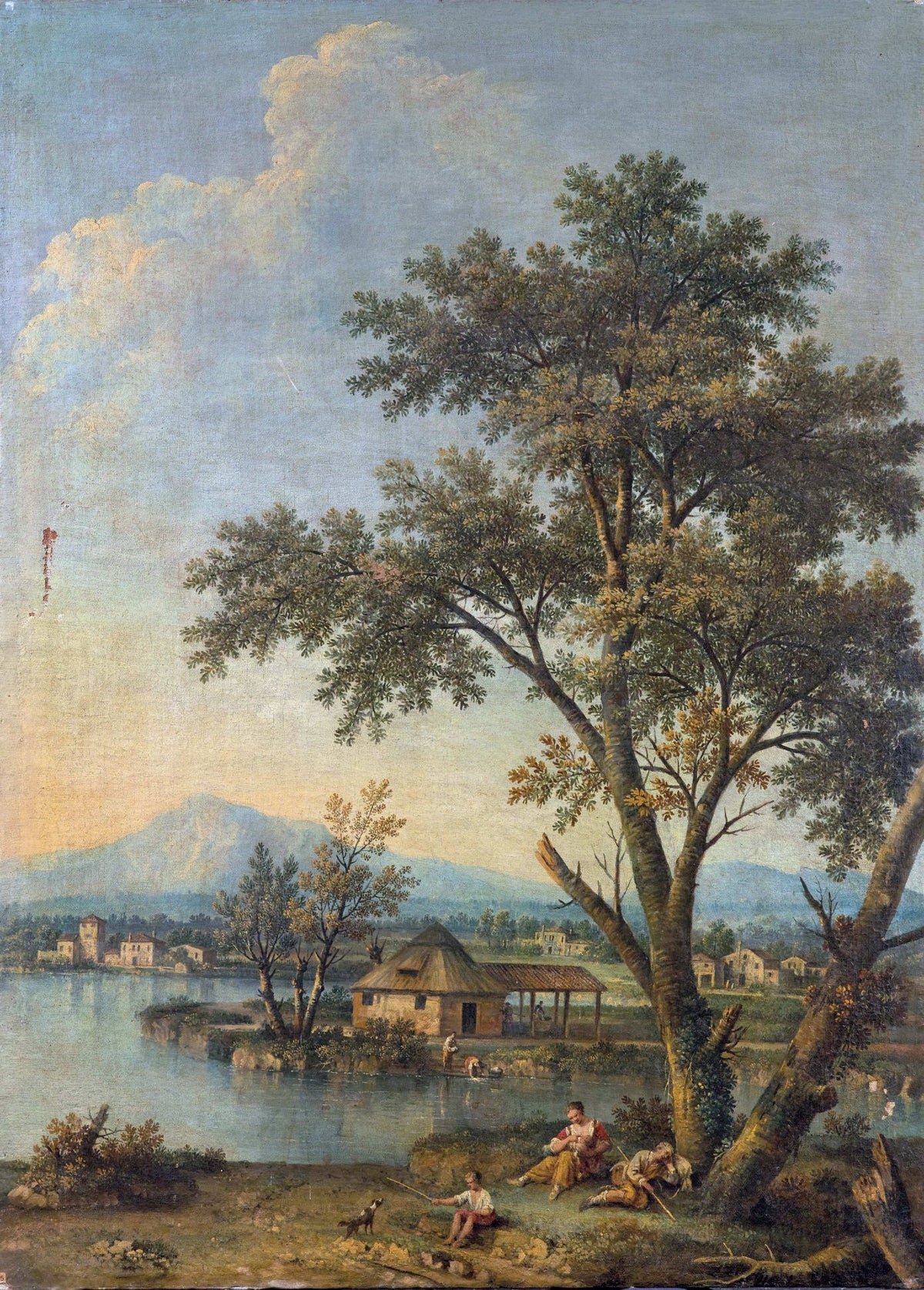 Peinture à l'huile de paysage - Rivière printanière avec pêcheur et arbres