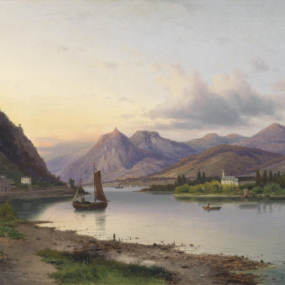 Landscape Oil Painting - Lakeside Evening, Sailboa & Mountain Ruins - Oil Painting Haven