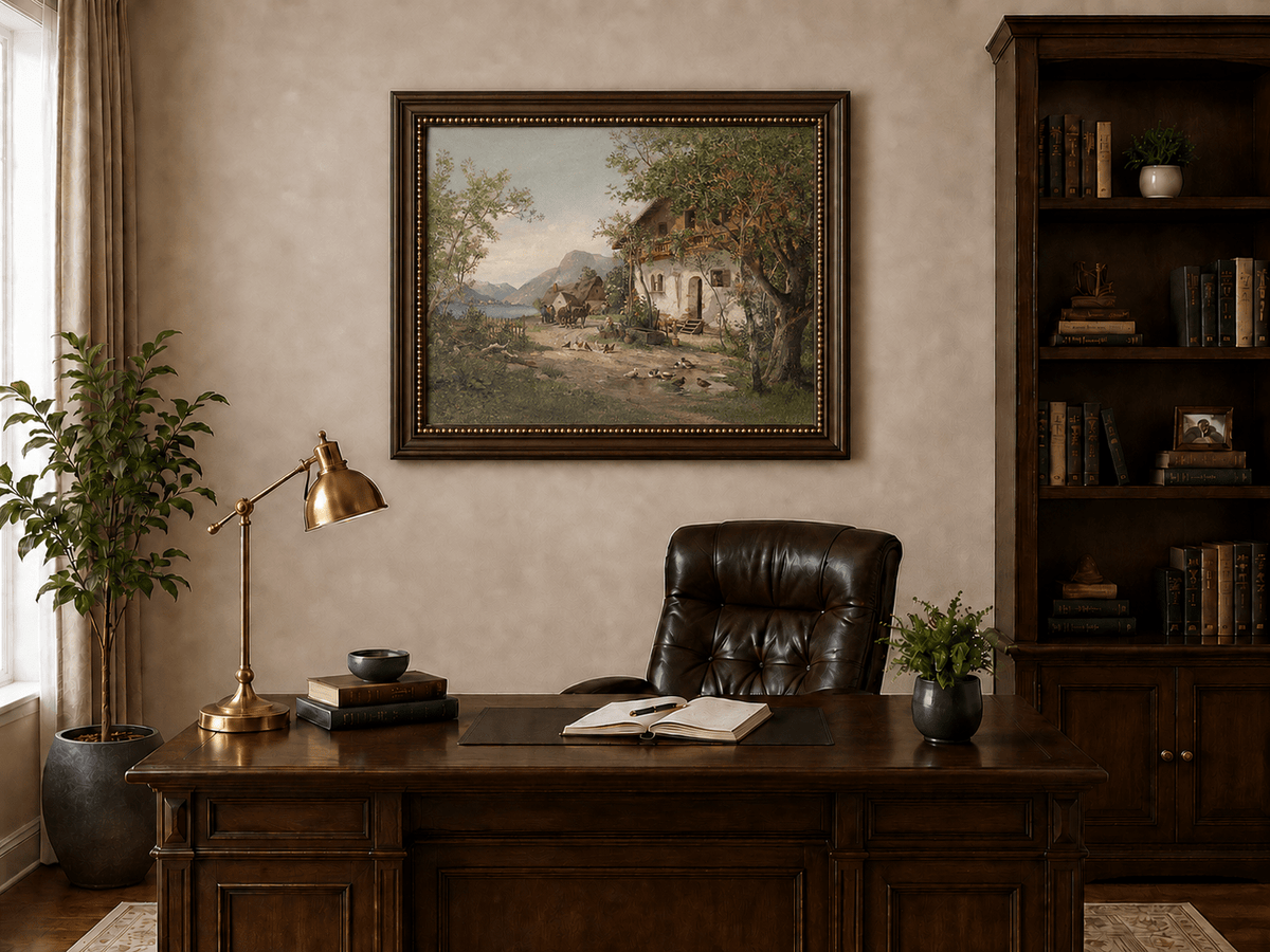 Landscape Oil Painting - Lakeside Farm with Figures & Animals