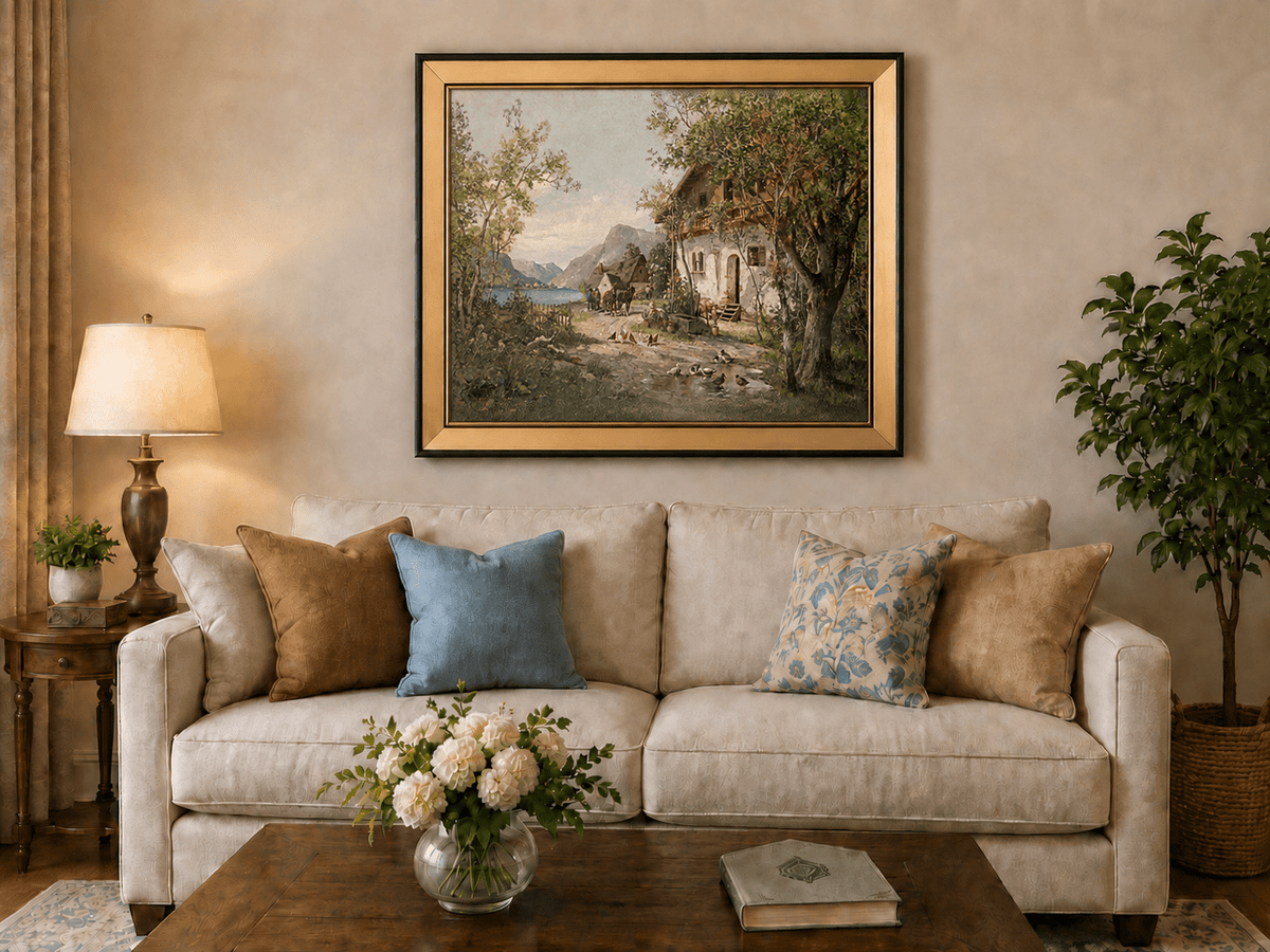 Landscape Oil Painting - Lakeside Farm with Figures & Animals