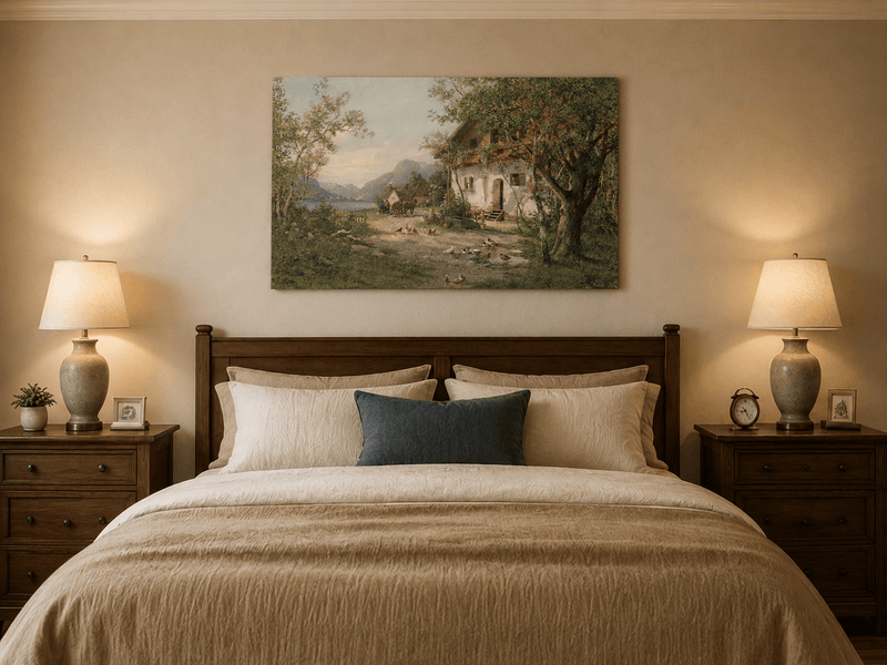 Landscape Oil Painting - Lakeside Farm with Figures & Animals