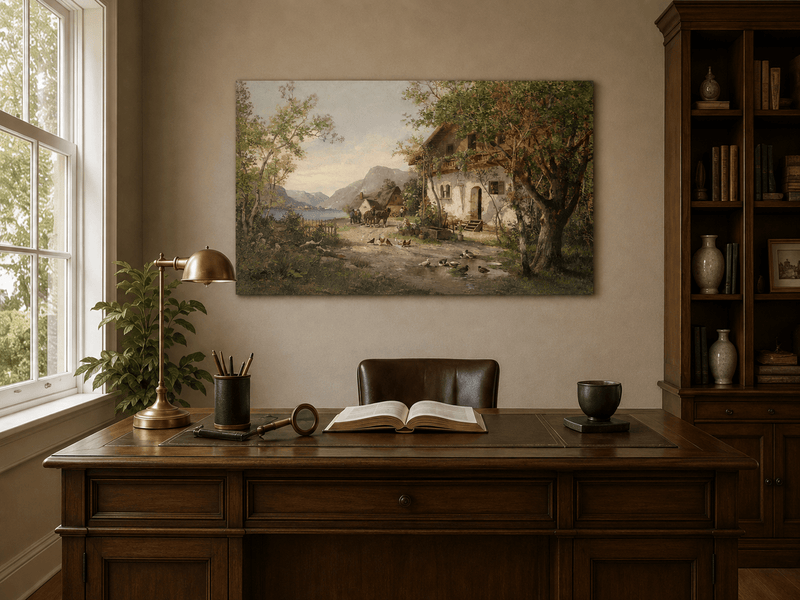 Landscape Oil Painting - Lakeside Farm with Figures & Animals