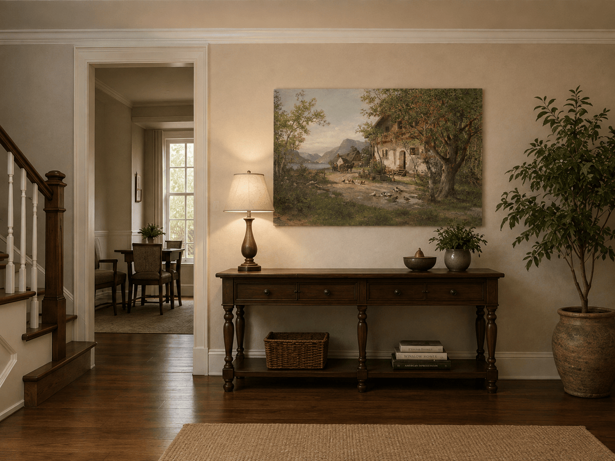 Landscape Oil Painting - Lakeside Farm with Figures & Animals