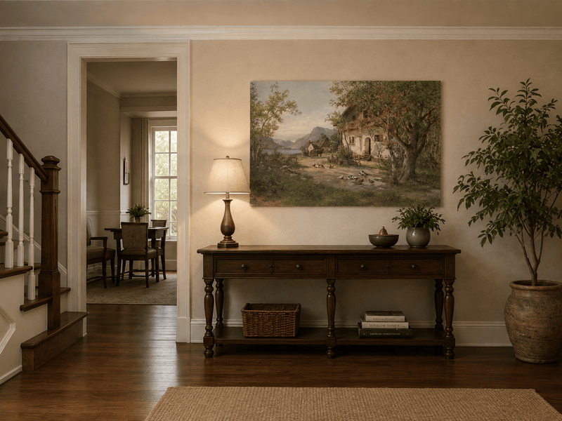 Landscape Oil Painting - Lakeside Farm with Figures & Animals
