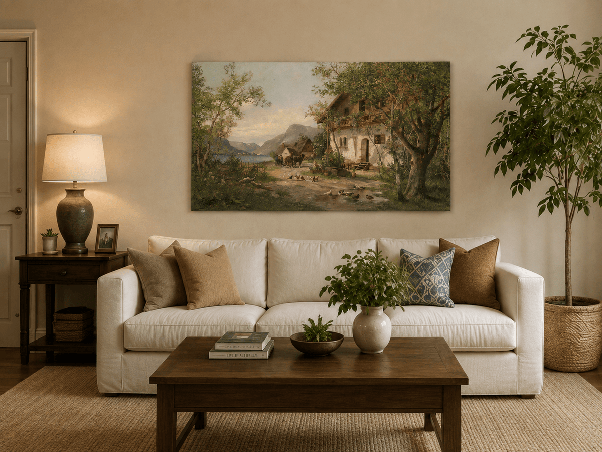 Landscape Oil Painting - Lakeside Farm with Figures & Animals