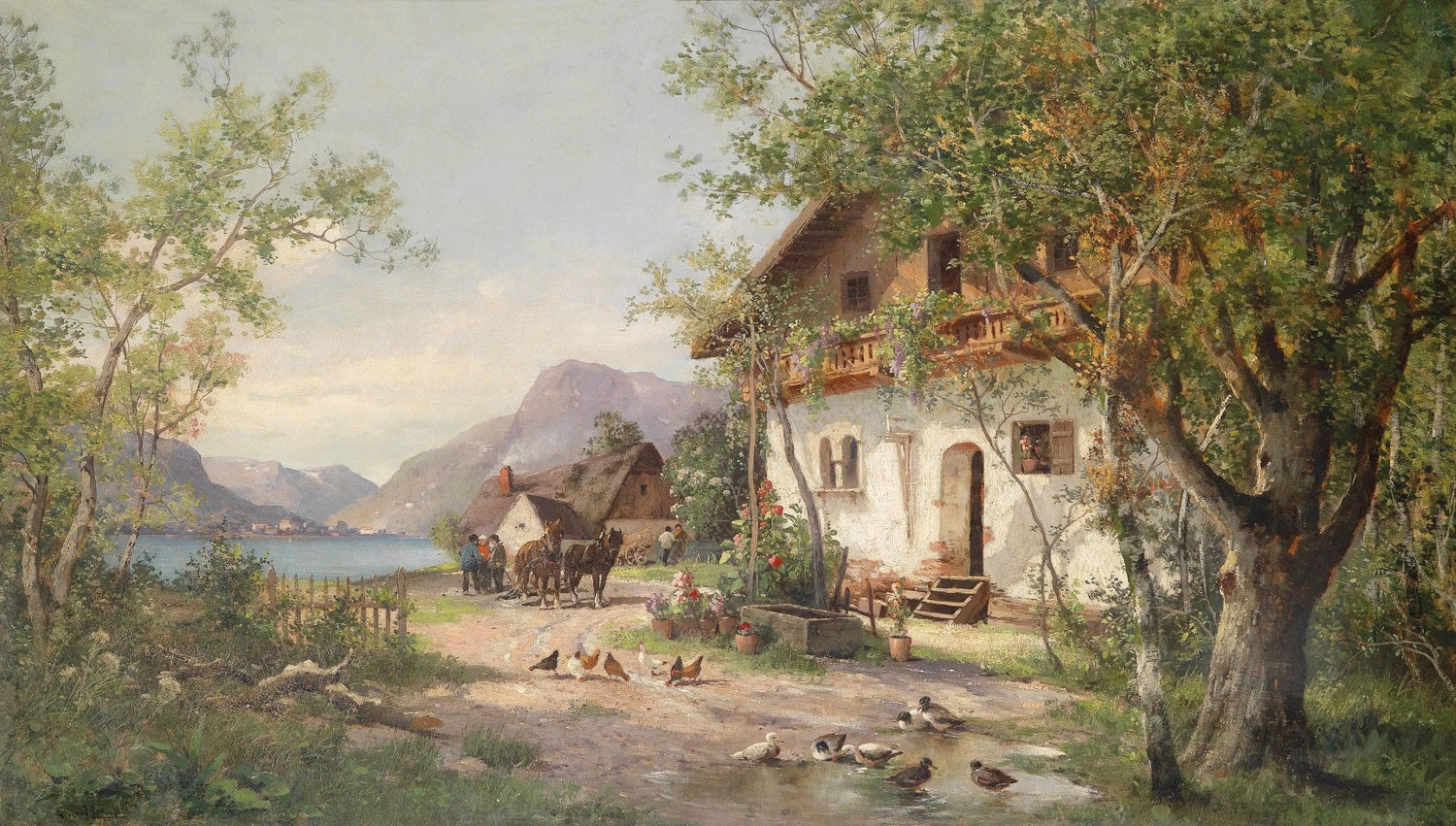 Landscape Oil Painting - Lakeside Farm with Figures & Animals - Oil Painting Haven