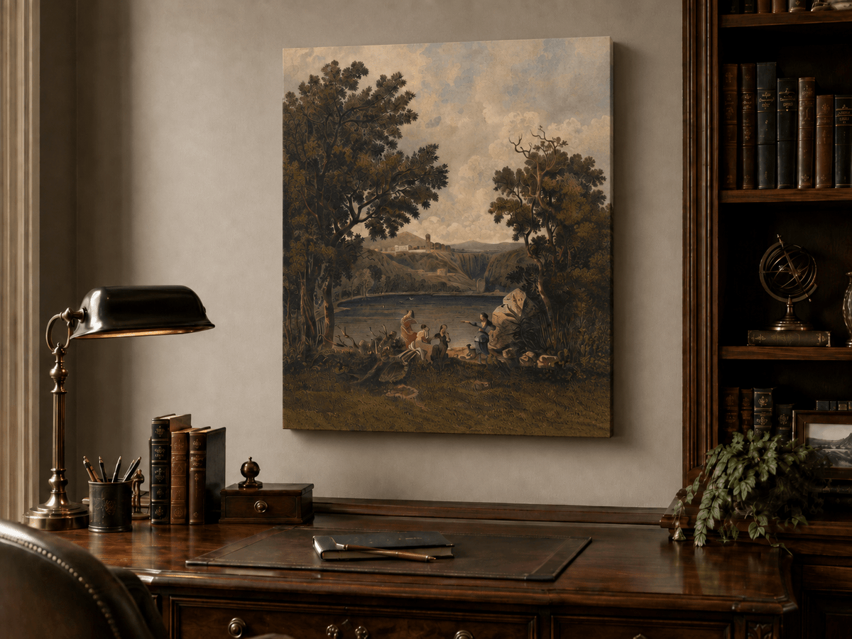 Landscape Oil Painting - Lakeside Figures with Distant Hill Ruins