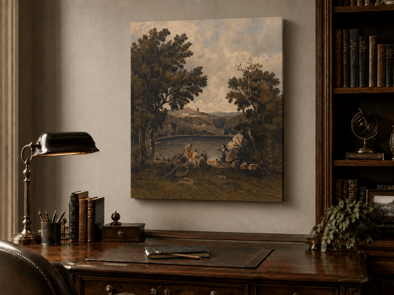 Landscape Oil Painting - Lakeside Figures with Distant Hill Ruins