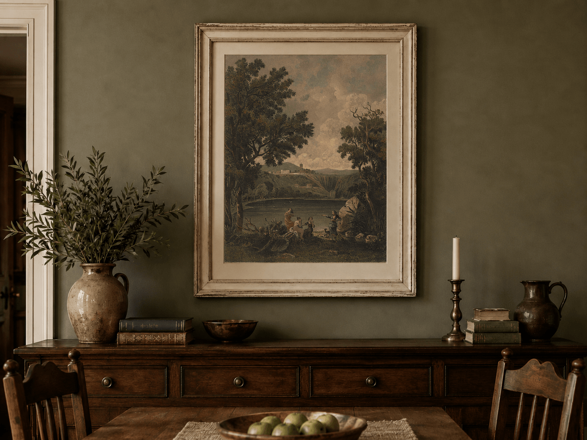 Landscape Oil Painting - Lakeside Figures with Distant Hill Ruins