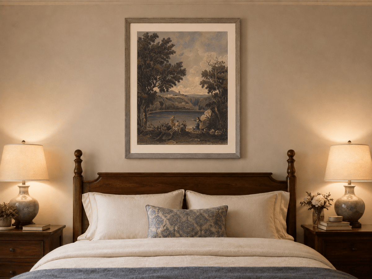 Landscape Oil Painting - Lakeside Figures with Distant Hill Ruins