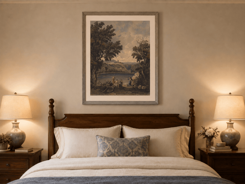 Landscape Oil Painting - Lakeside Figures with Distant Hill Ruins