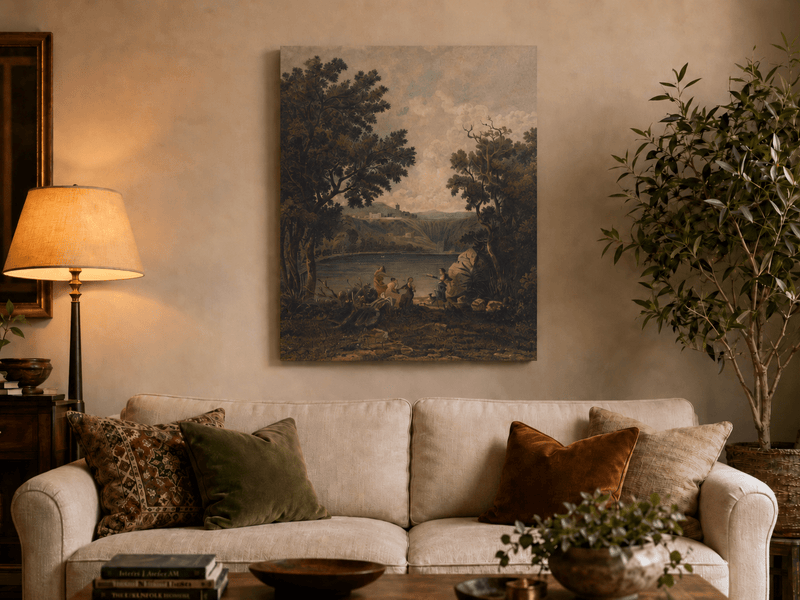 Landscape Oil Painting - Lakeside Figures with Distant Hill Ruins