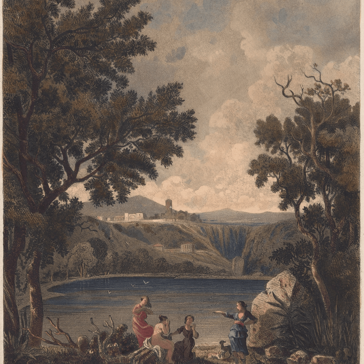Hand-painted lakeside figures with distant hill ruins landscape oil painting on canvas