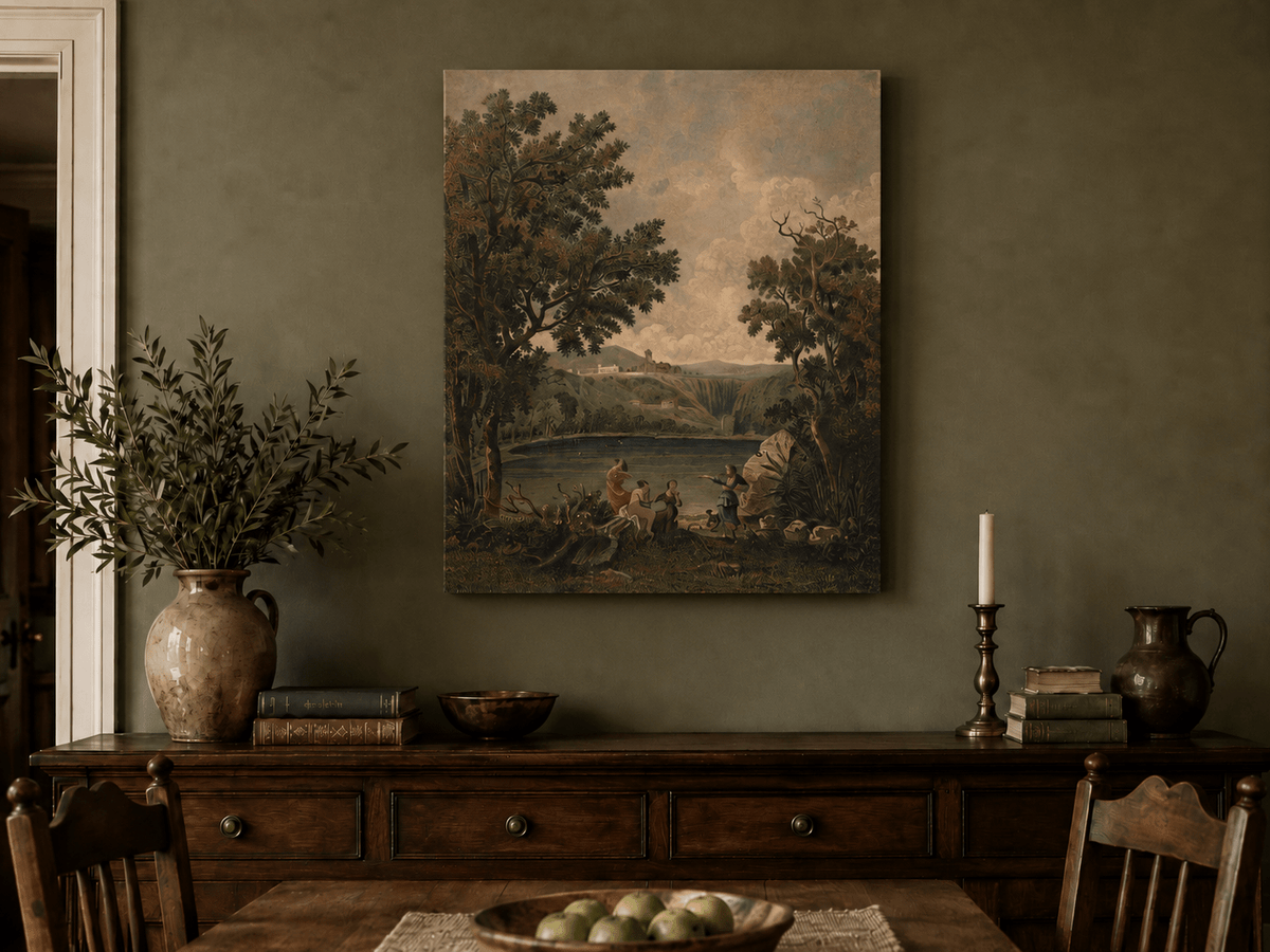Landscape Oil Painting - Lakeside Figures with Distant Hill Ruins