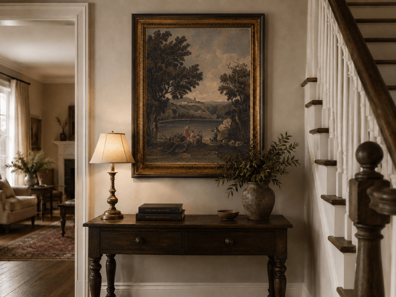 Landscape Oil Painting - Lakeside Figures with Distant Hill Ruins