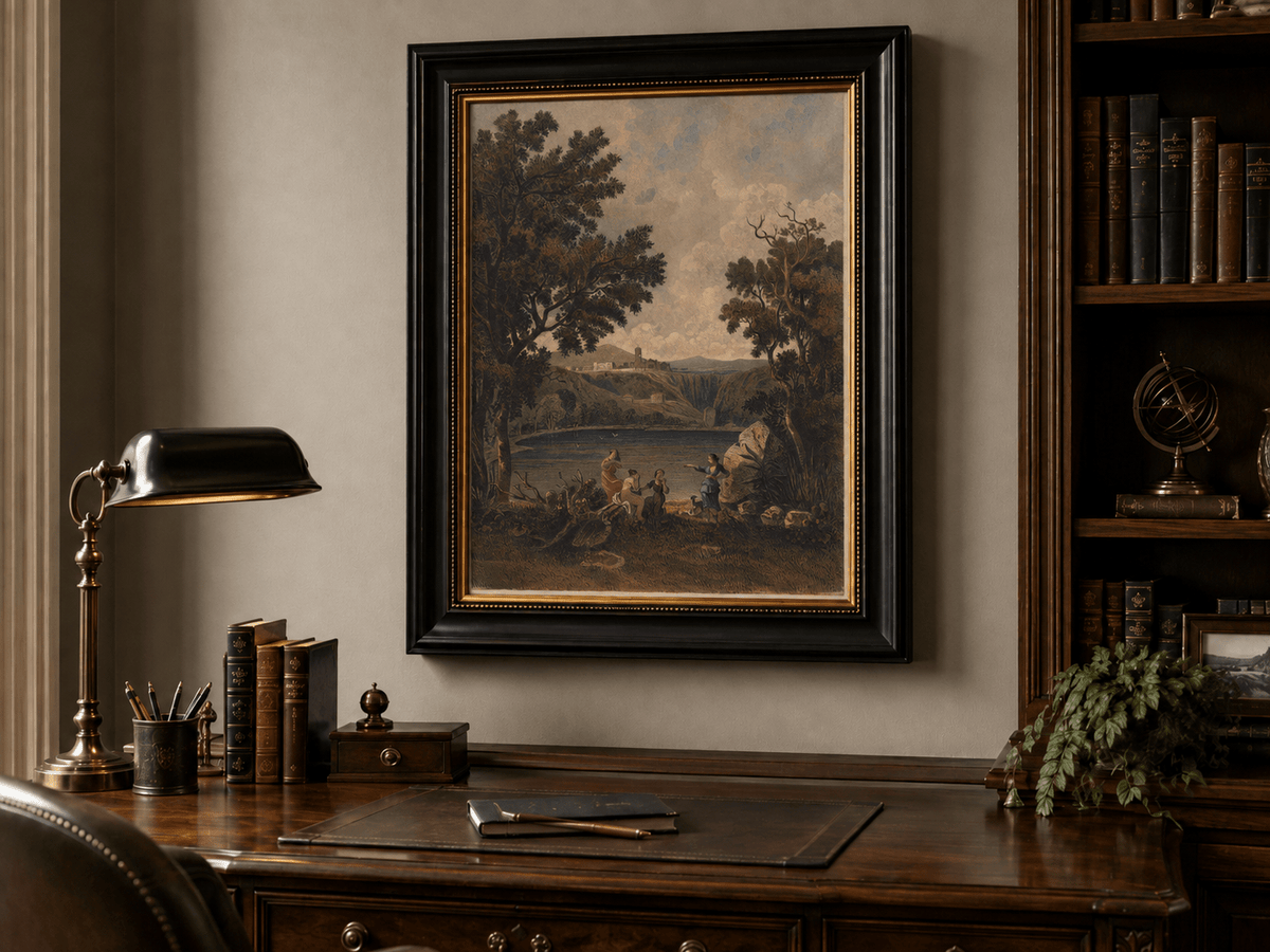 Landscape Oil Painting - Lakeside Figures with Distant Hill Ruins
