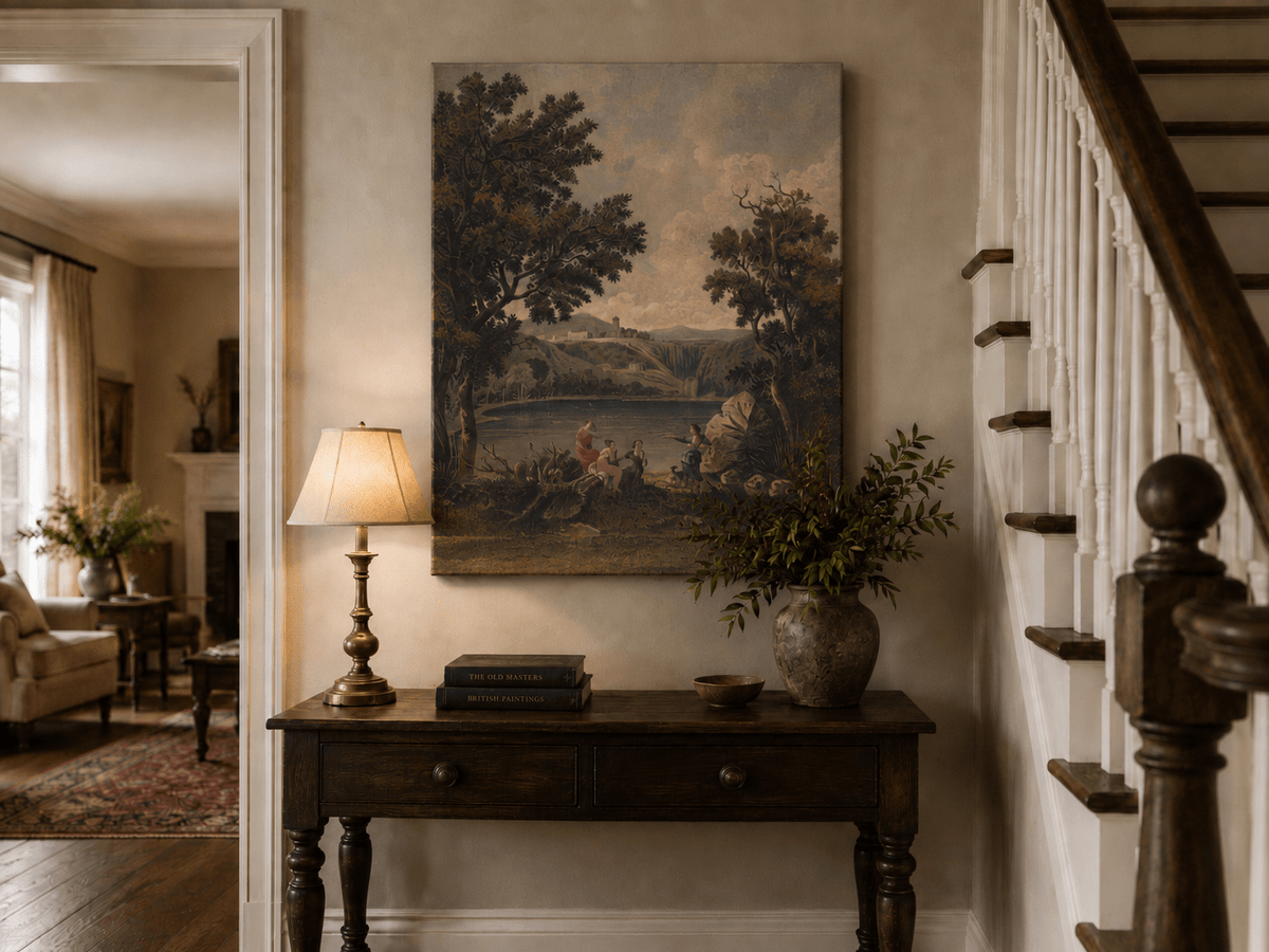 Landscape Oil Painting - Lakeside Figures with Distant Hill Ruins