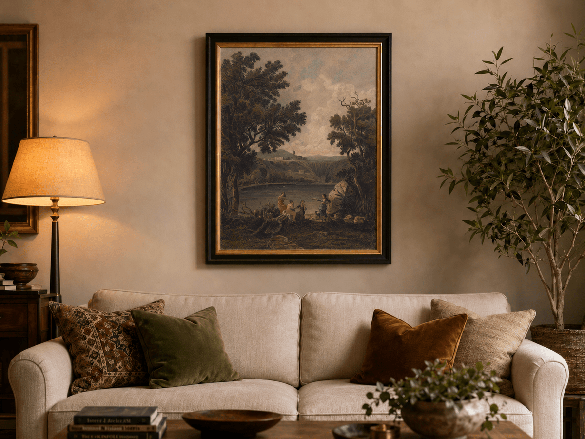 Landscape Oil Painting - Lakeside Figures with Distant Hill Ruins