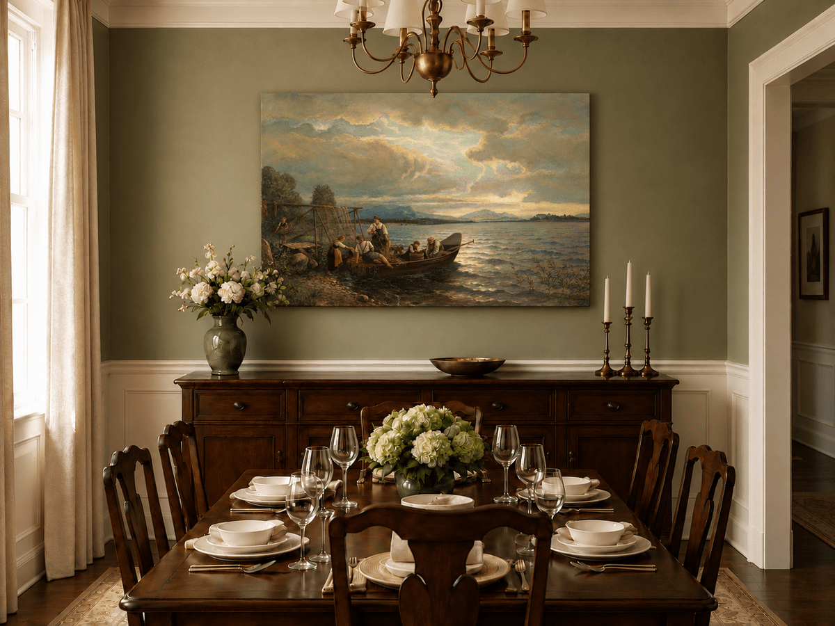 Landscape Oil Painting - Lakeside Fishermen Dusk | Hand-Painted