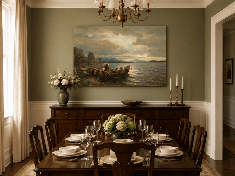 Landscape Oil Painting - Lakeside Fishermen Dusk | Hand-Painted