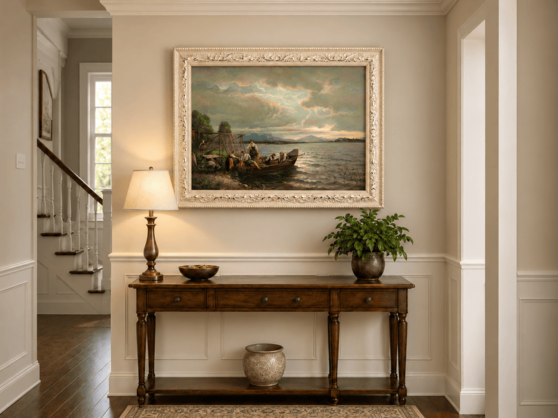 Landscape Oil Painting - Lakeside Fishermen Dusk | Hand-Painted