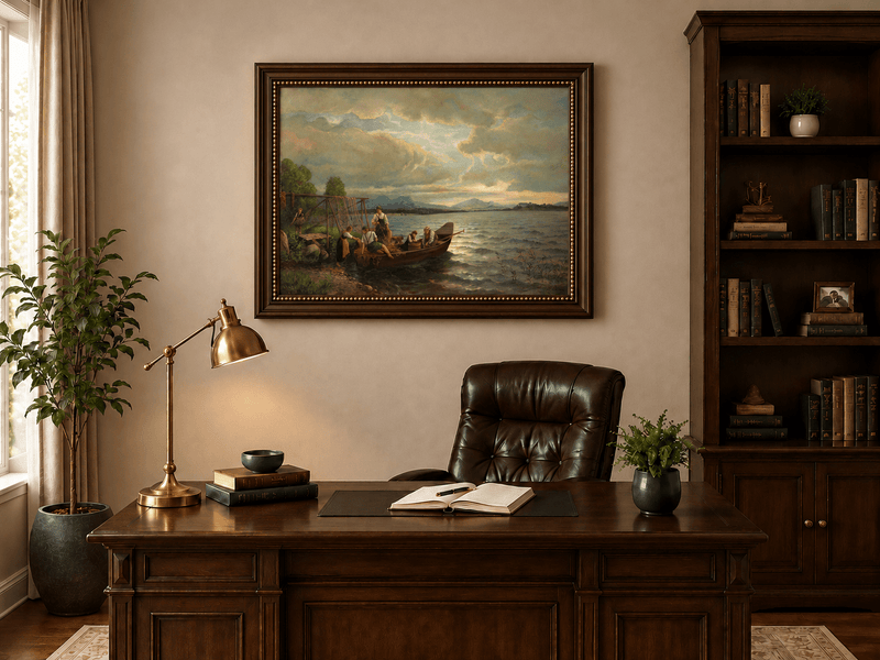 Landscape Oil Painting - Lakeside Fishermen Dusk | Hand-Painted