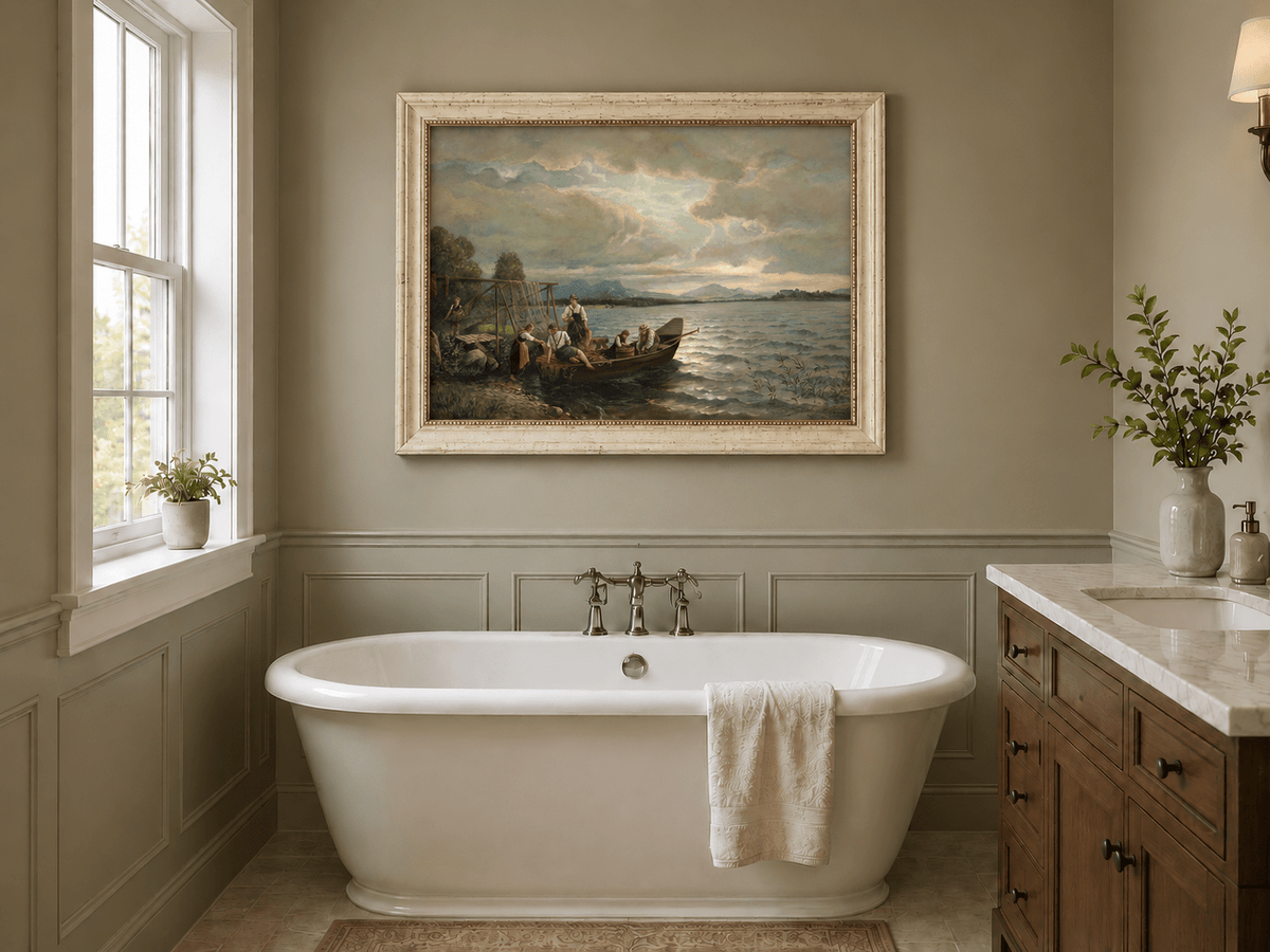 Landscape Oil Painting - Lakeside Fishermen Dusk | Hand-Painted