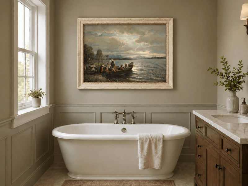 Landscape Oil Painting - Lakeside Fishermen Dusk | Hand-Painted