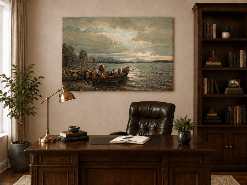 Landscape Oil Painting - Lakeside Fishermen Dusk | Hand-Painted