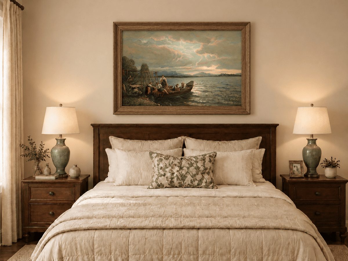 Landscape Oil Painting - Lakeside Fishermen Dusk | Hand-Painted