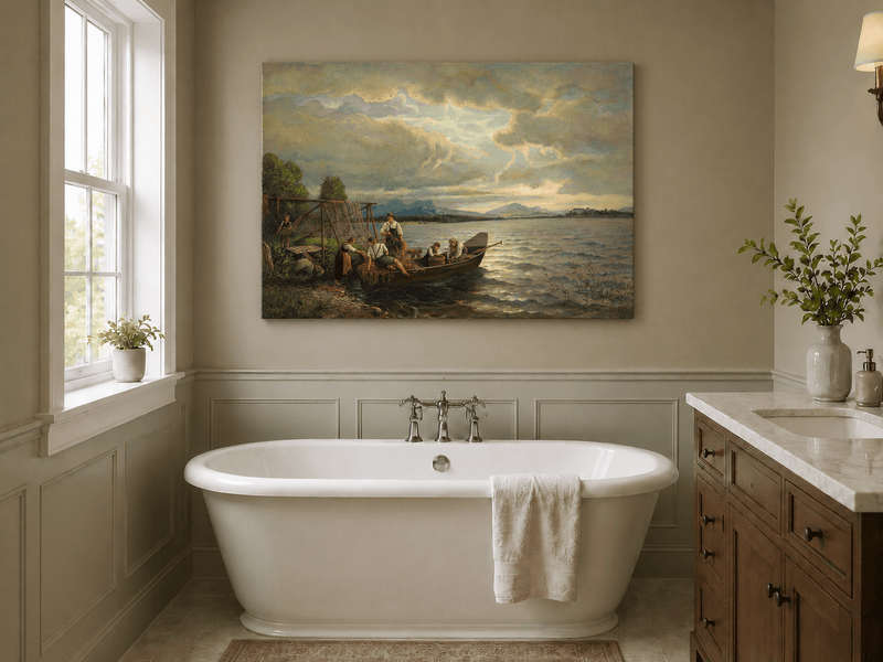 Landscape Oil Painting - Lakeside Fishermen Dusk | Hand-Painted