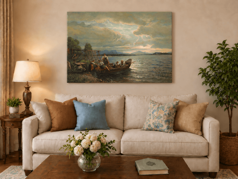 Landscape Oil Painting - Lakeside Fishermen Dusk | Hand-Painted