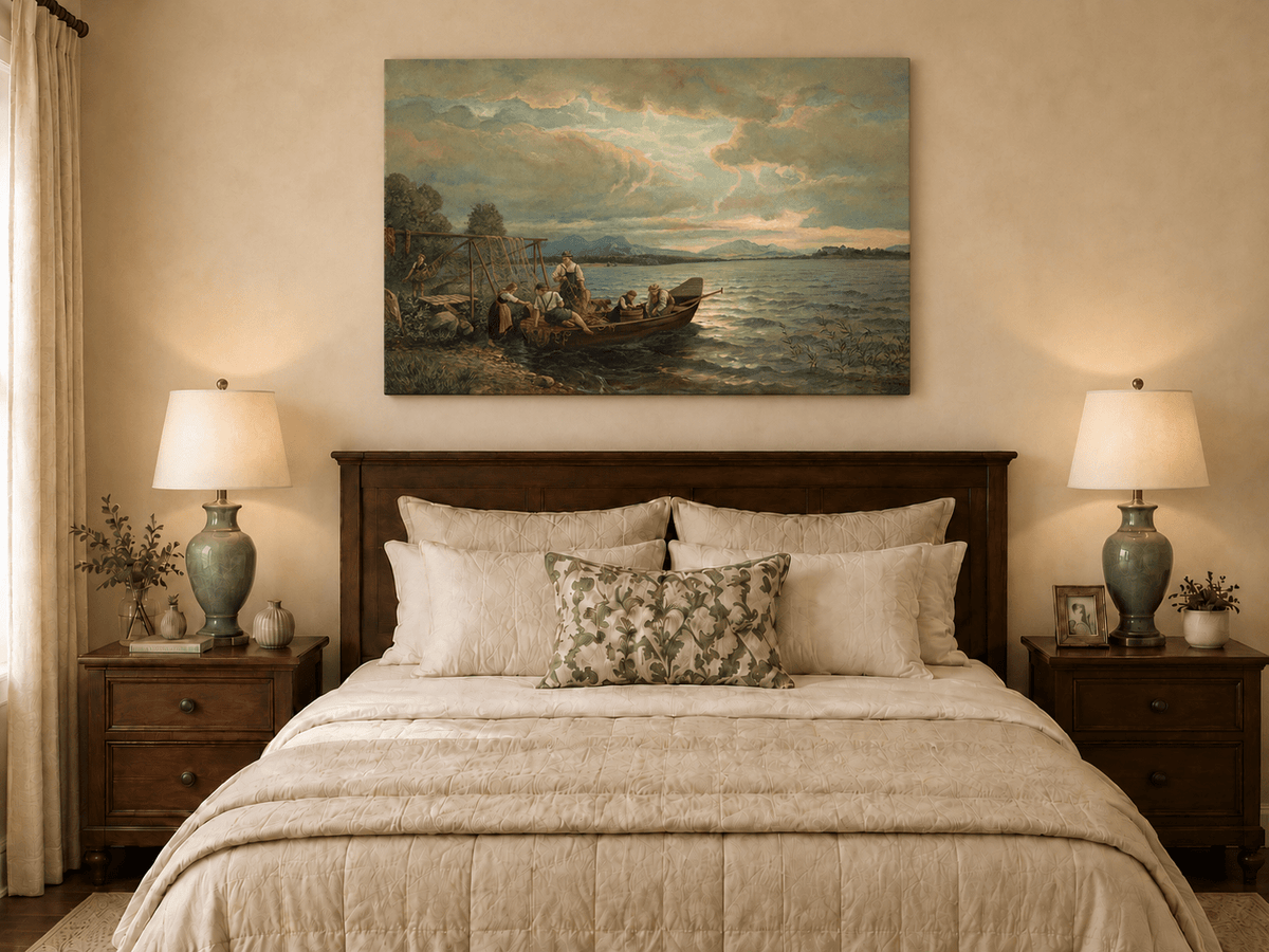 Landscape Oil Painting - Lakeside Fishermen Dusk | Hand-Painted