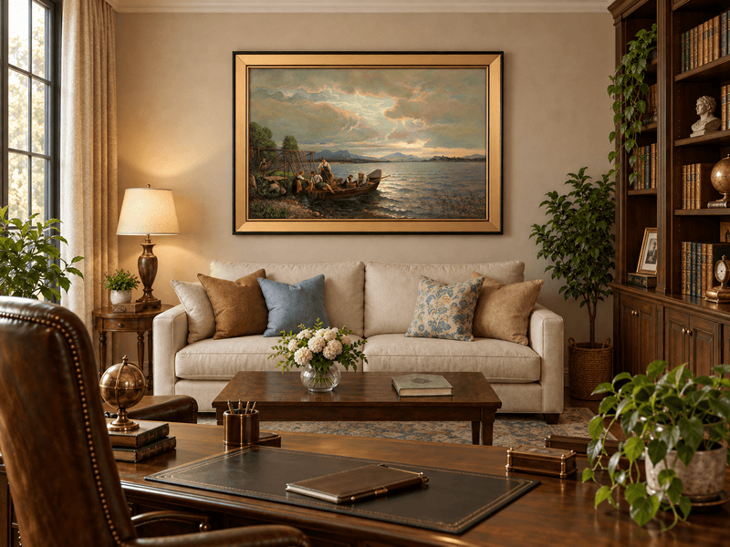 Landscape Oil Painting - Lakeside Fishermen Dusk | Hand-Painted